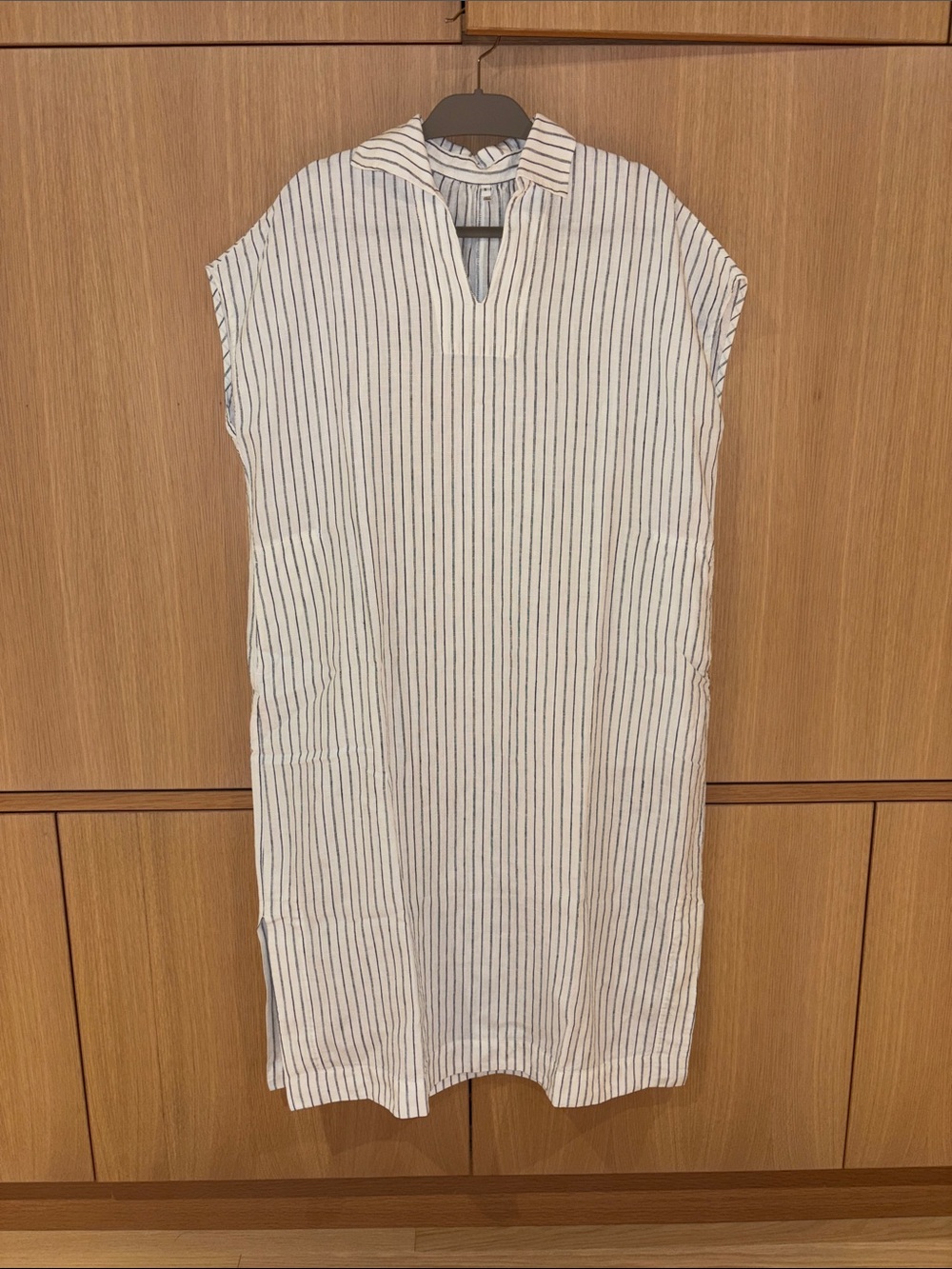 Muji Washed Linen Skipper Collar Short Sleeved Striped Off White & Blue Dress